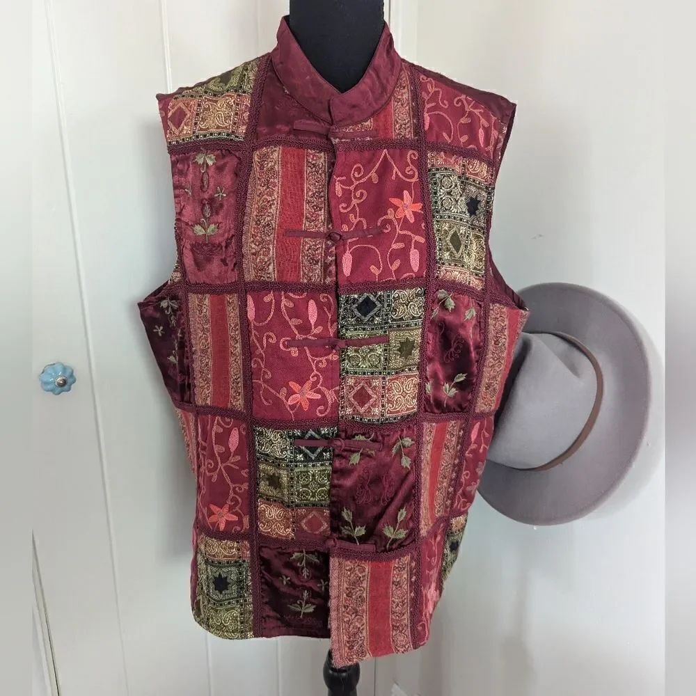 VTG Coldwater Creek Patchwork Wool Embroidered Vest XL Granny Chic Eclectic